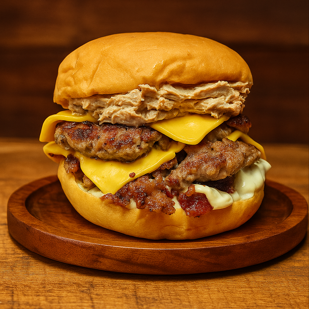 Texas Twinkie Burger with jalapeno mayo, bacon crumbles and brisket / crean chesse spread